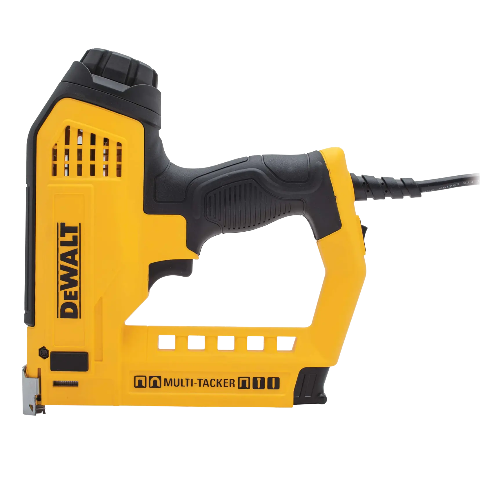 A yellow and black DEWALT electric multi-tacker tool with a cord, designed for use in fastening materials. The tool has an ergonomic handle and 'Multi-Tacker' branding on the side.
