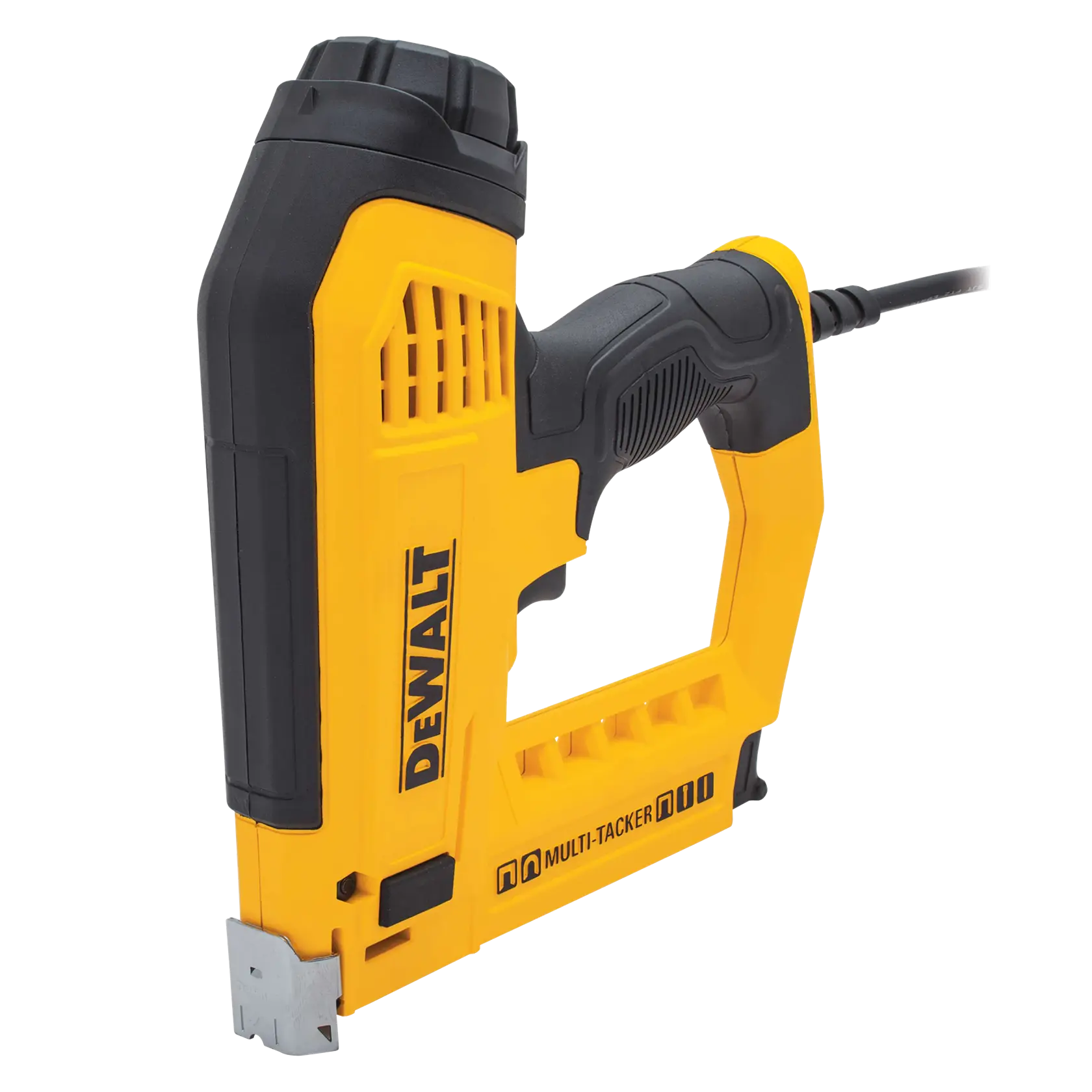 A yellow and black DEWALT electric multi-tacker tool with a cord, used for stapling and nailing in construction and various projects.