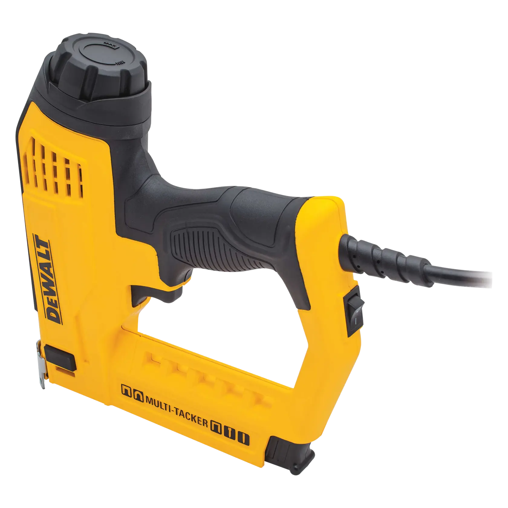 A DEWALT branded yellow and black electric multi-tacker tool, shown with a cord attached, used for stapling in construction or DIY projects.