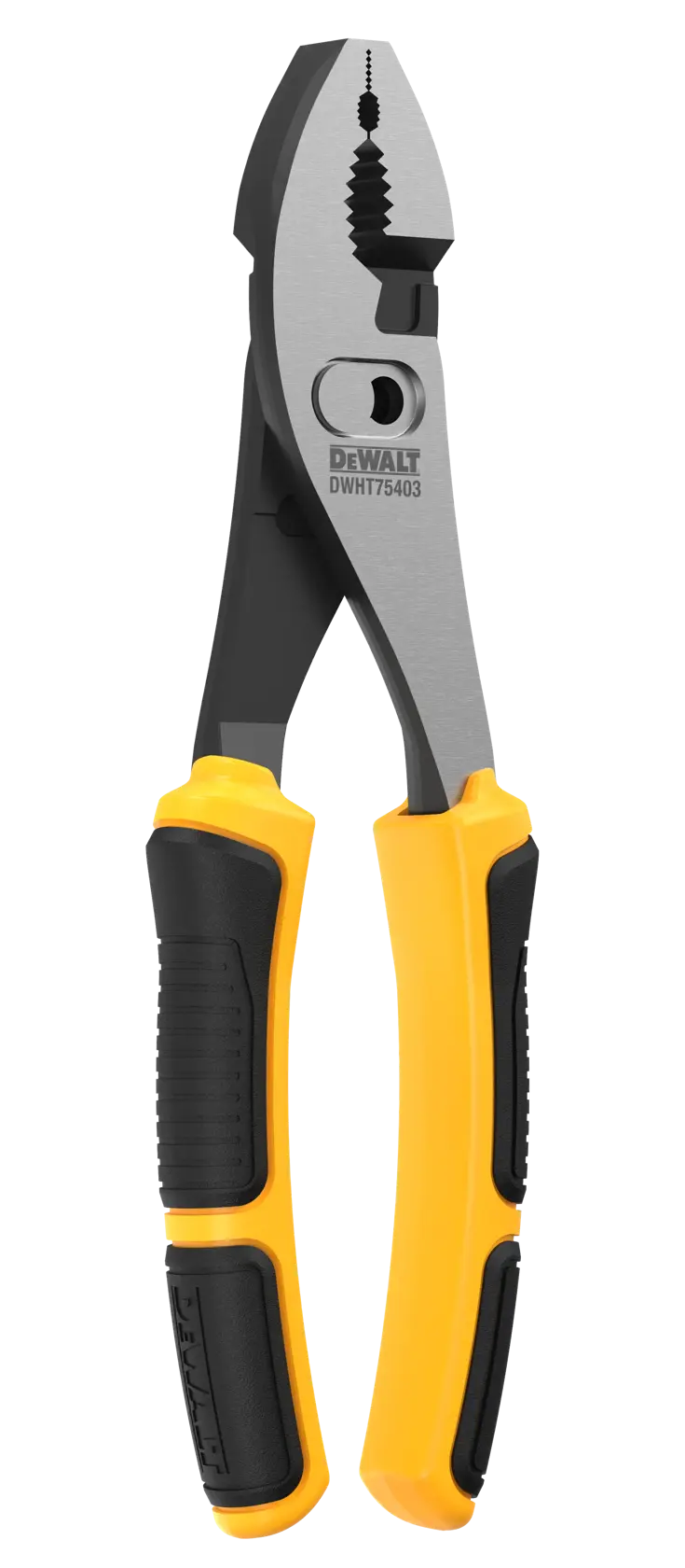 DEWALT combination pliers with black and yellow ergonomic handles, model DWHT75403, used for gripping and cutting tasks.
