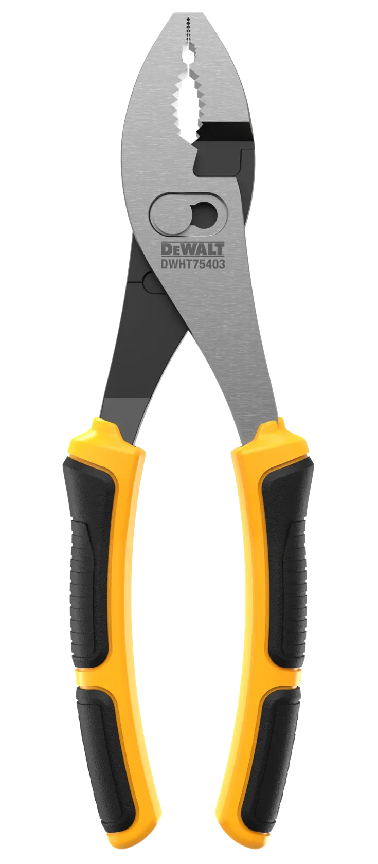 A pair of DEWALT slip joint pliers with yellow and black ergonomic handles, featuring the model number DWHT75403.