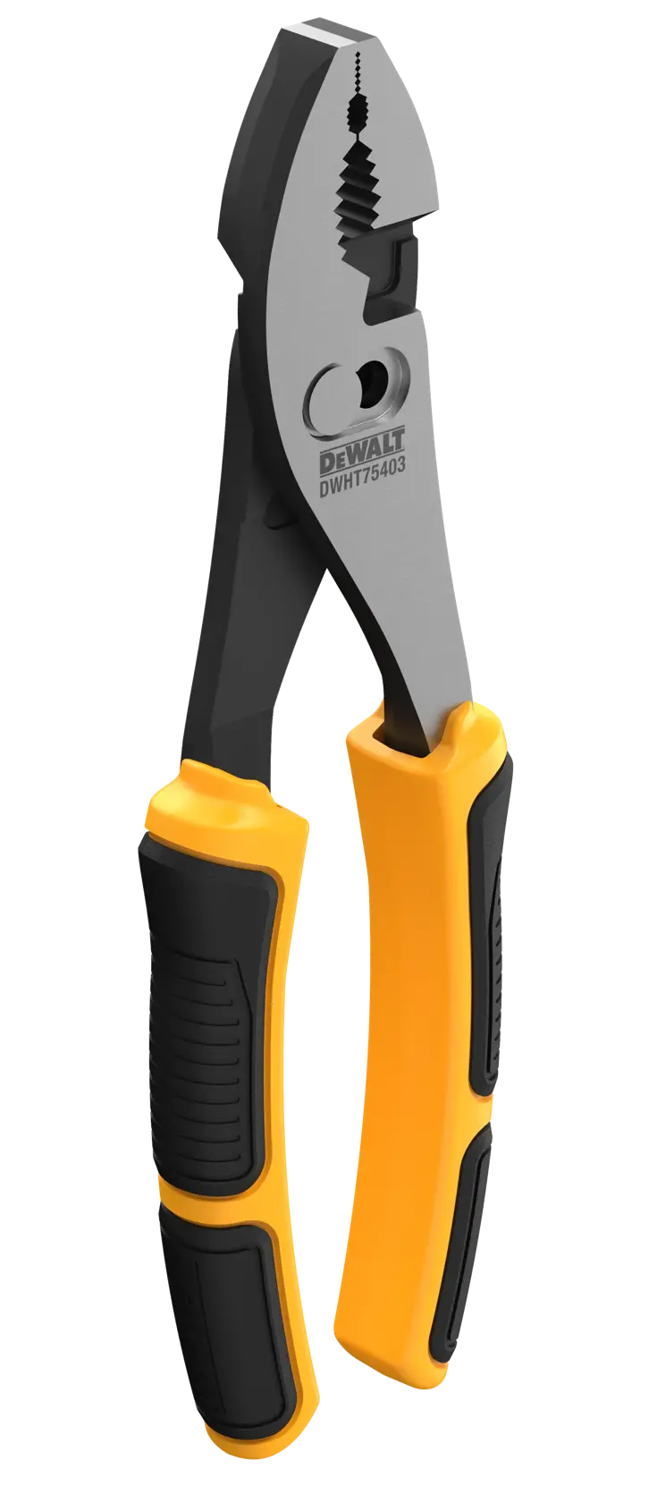 A pair of DeWalt groove joint pliers with yellow and black ergonomic handles.