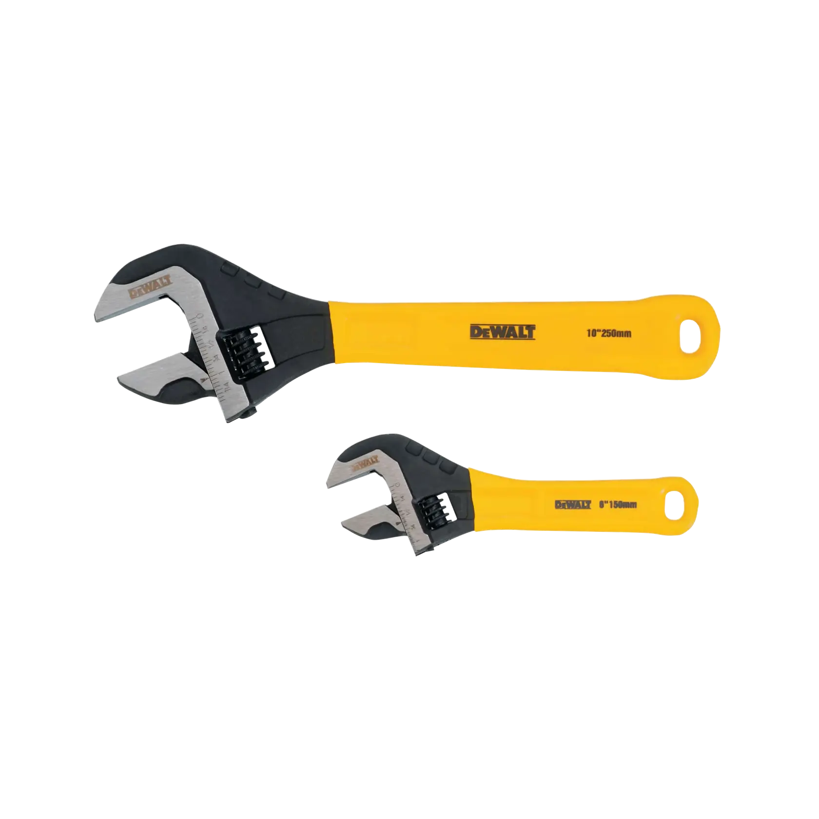 Two DEWALT adjustable wrenches with yellow and black handles, one 10 inches (250mm) and the other 6 inches (150mm), shown on a white background.