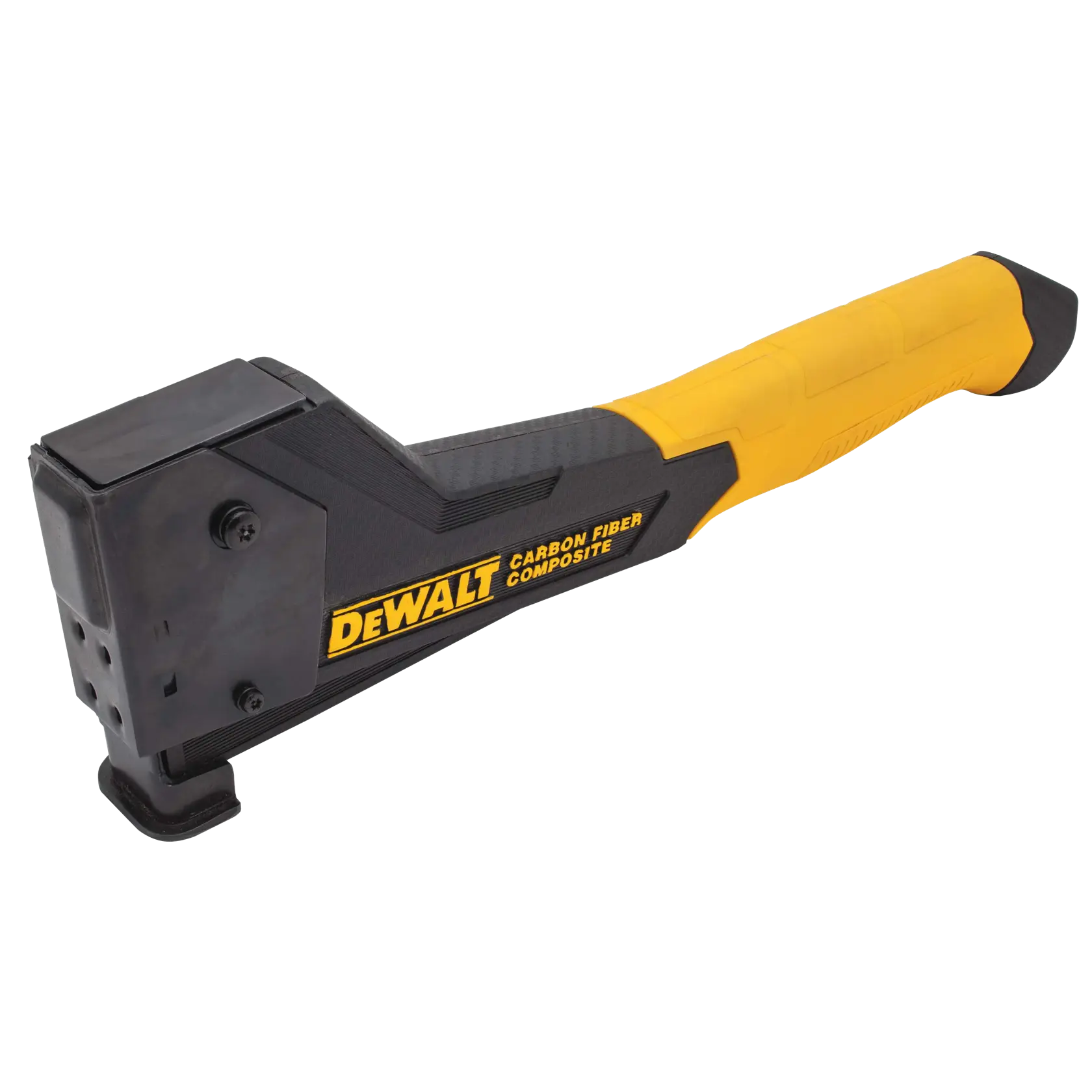 A DEWALT carbon fiber composite long-handled tool with a yellow and black design, featuring a wide, flat striking head.