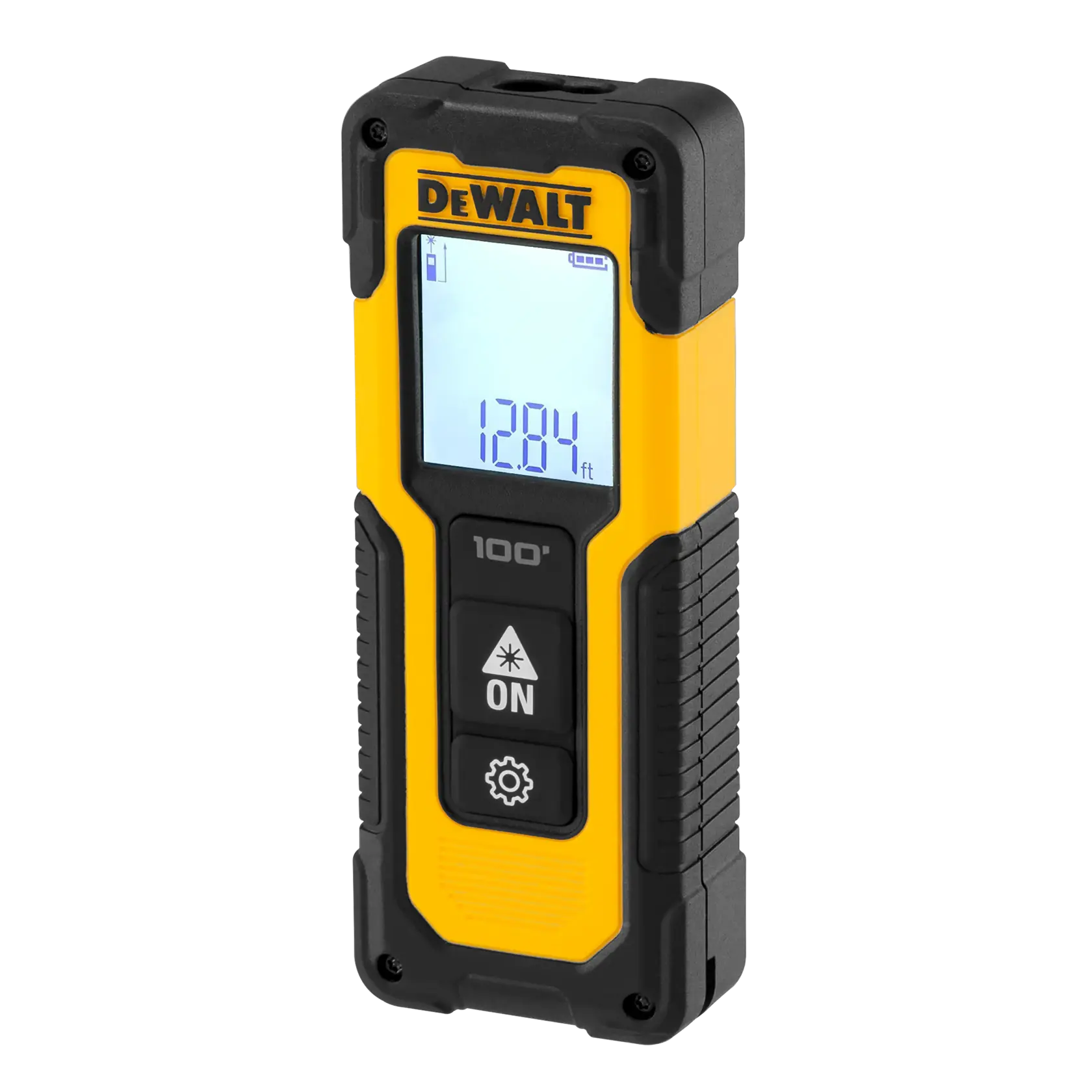 A yellow and black handheld digital laser distance measurer with a display screen showing a reading of 128.4 feet, branded DEWALT. It features several buttons for operation and has a rugged design.