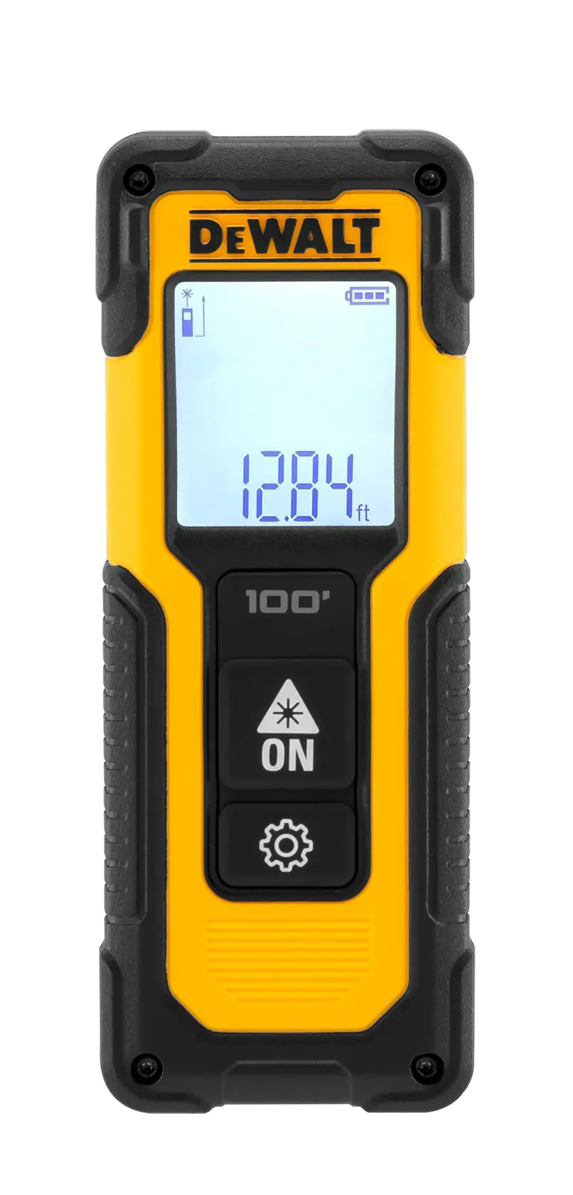 A DEWALT-branded yellow and black laser distance measurer with a digital display showing '128.4 ft', various buttons, and rugged casing.