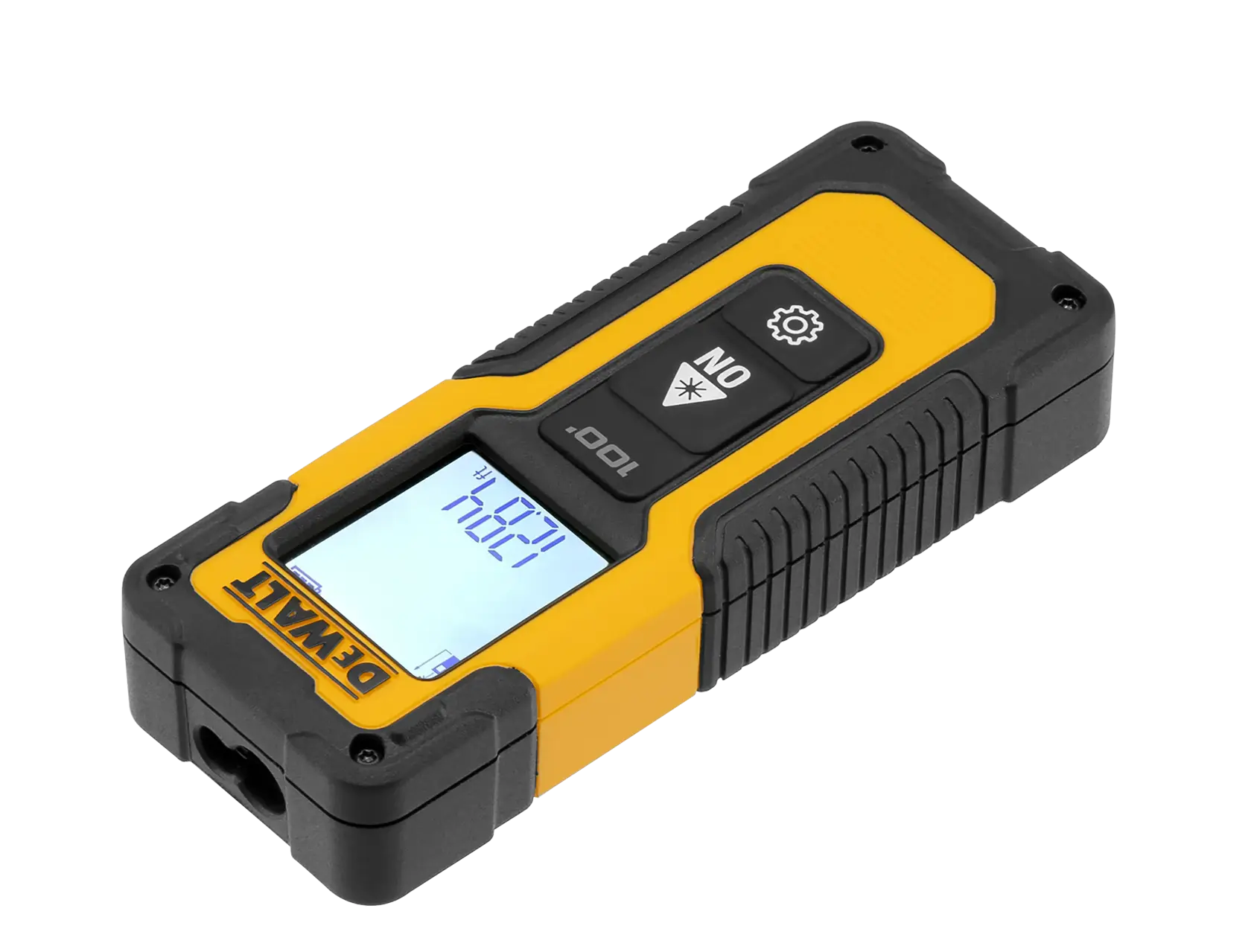 A DEWALT handheld laser distance measurer with a yellow and black casing, illuminated digital screen, and two control buttons.