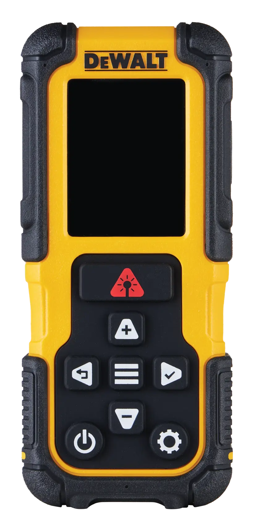 A yellow DEWALT laser distance measurer with a digital screen and multiple function buttons.