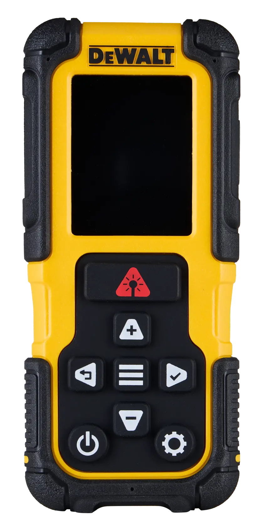 A DEWALT handheld digital laser measuring device with a yellow and black rugged casing, a display screen at the top, and multiple functional buttons below including power, menu, and navigation controls.