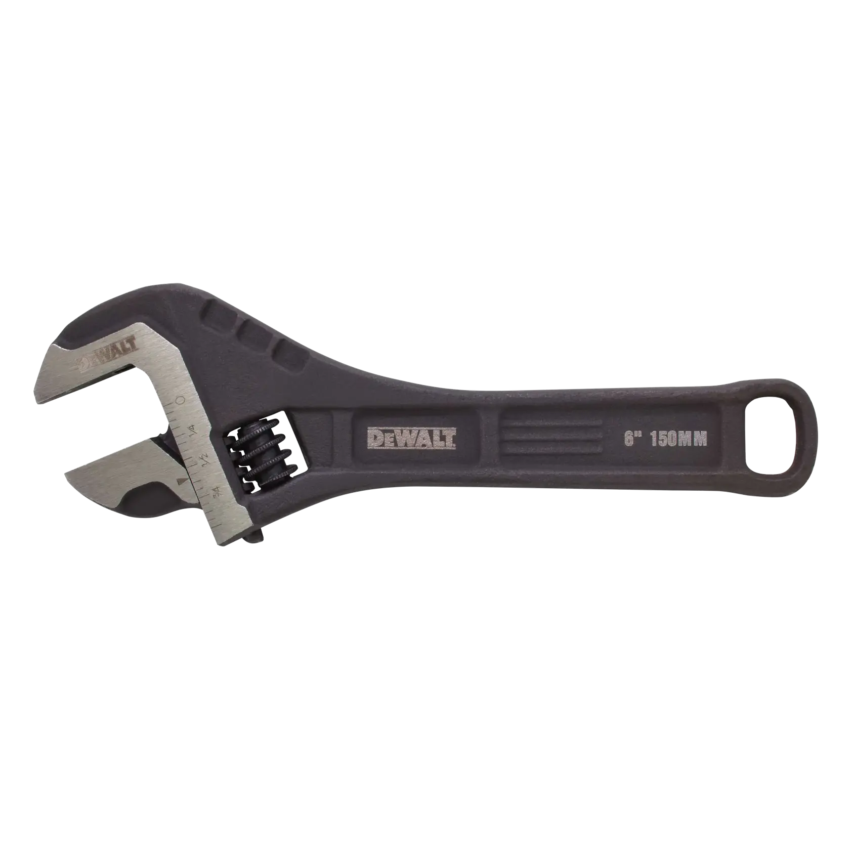 A DEWALT adjustable wrench measuring 6 inches (150 mm) with a black handle and silver metal jaws.