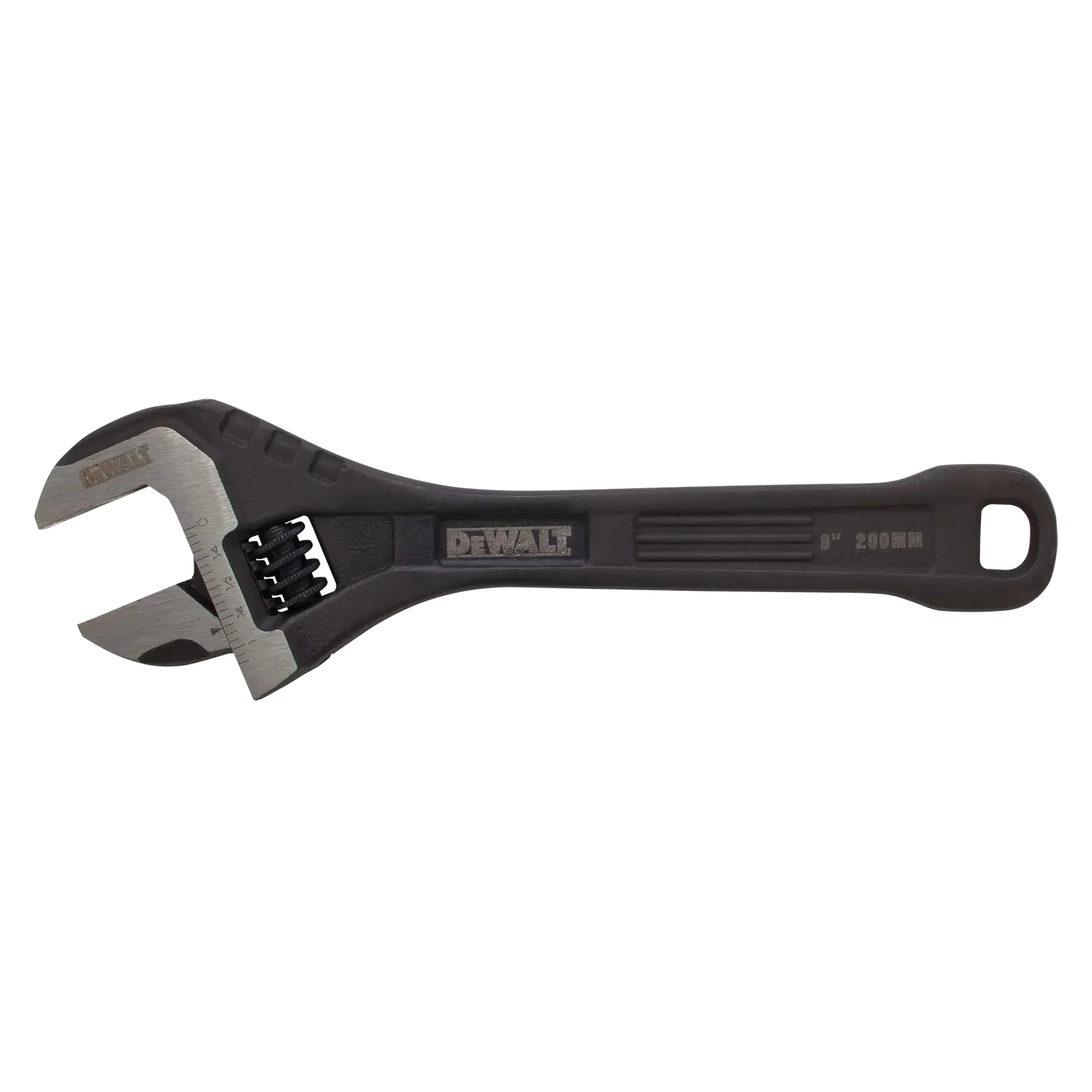 A DEWALT adjustable wrench with a black handle and silver jaws, 8 inches (200 mm) in length.