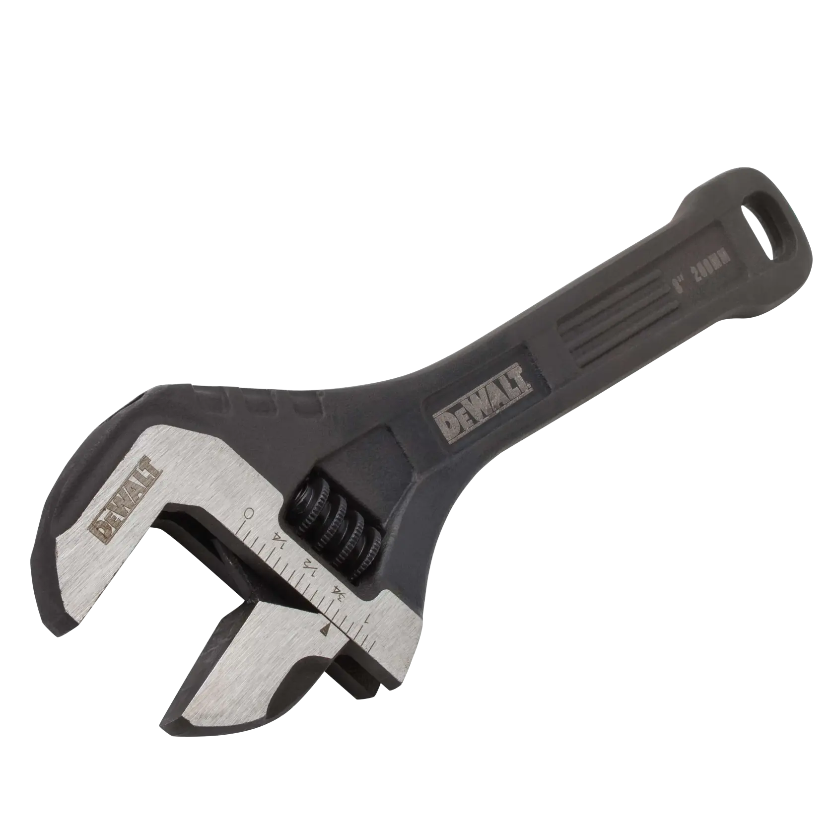 A DEWALT adjustable wrench with a black handle and silver-colored jaw, used for tightening or loosening nuts and bolts.