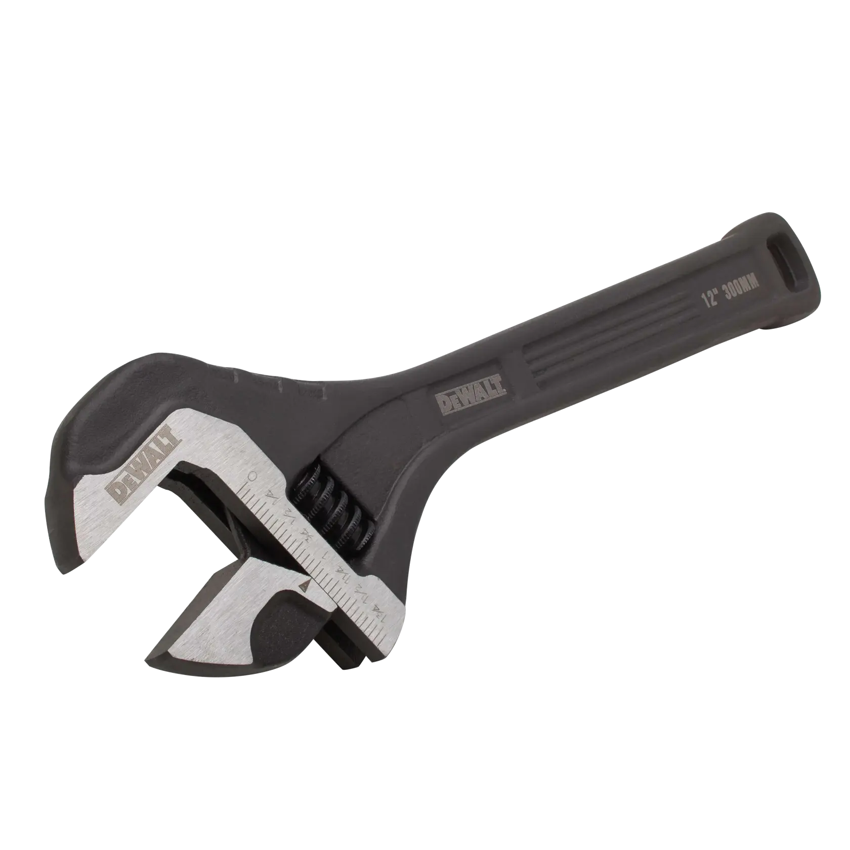 A DEWALT adjustable wrench with a black handle and metal jaw, shown isolated on a white background. The wrench measures 12 inches (300 mm).