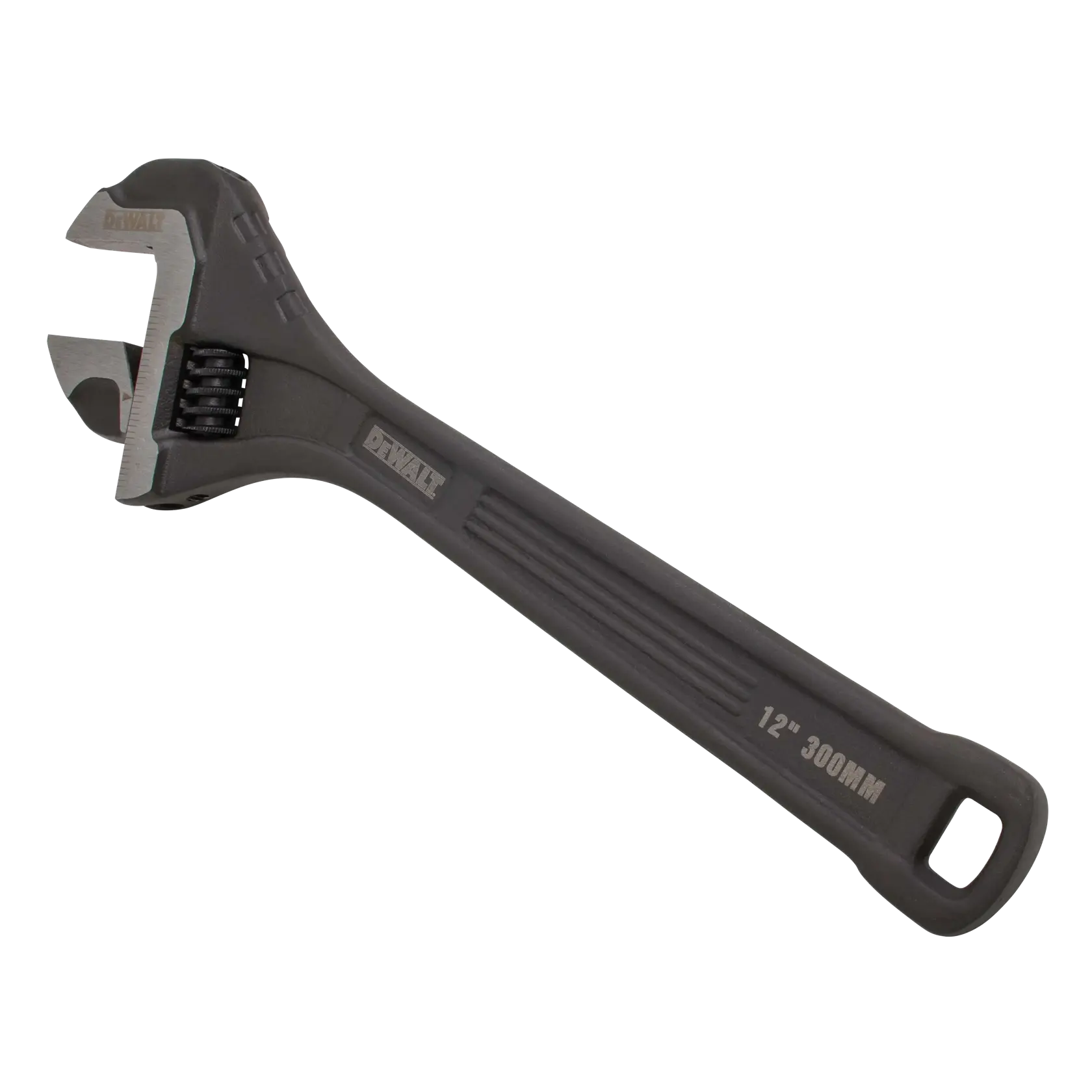 A DEWALT adjustable wrench, 12 inches (300mm) in length, with a black finish and a marked measurement scale on the handle.
