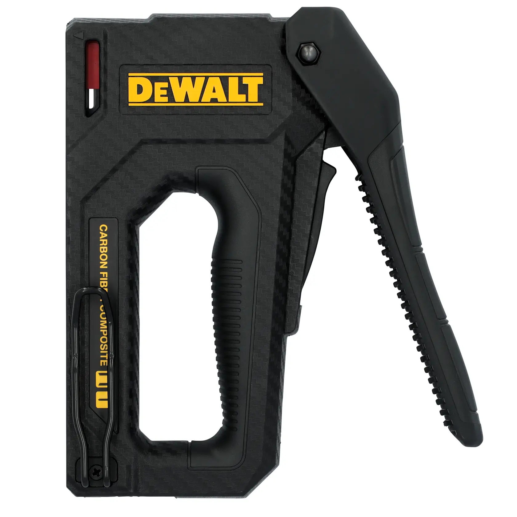 A DEWALT carbon fiber composite staple gun with a black and yellow design, featuring a visible handle and trigger mechanism.