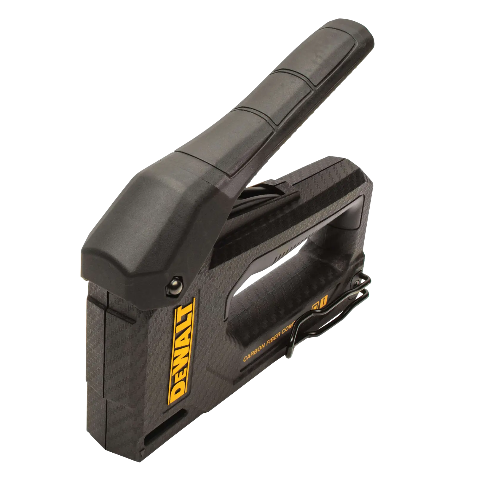 A DEWALT carbon fiber composite hand stapler with a black and yellow design, featuring an ergonomic handle and compact construction.