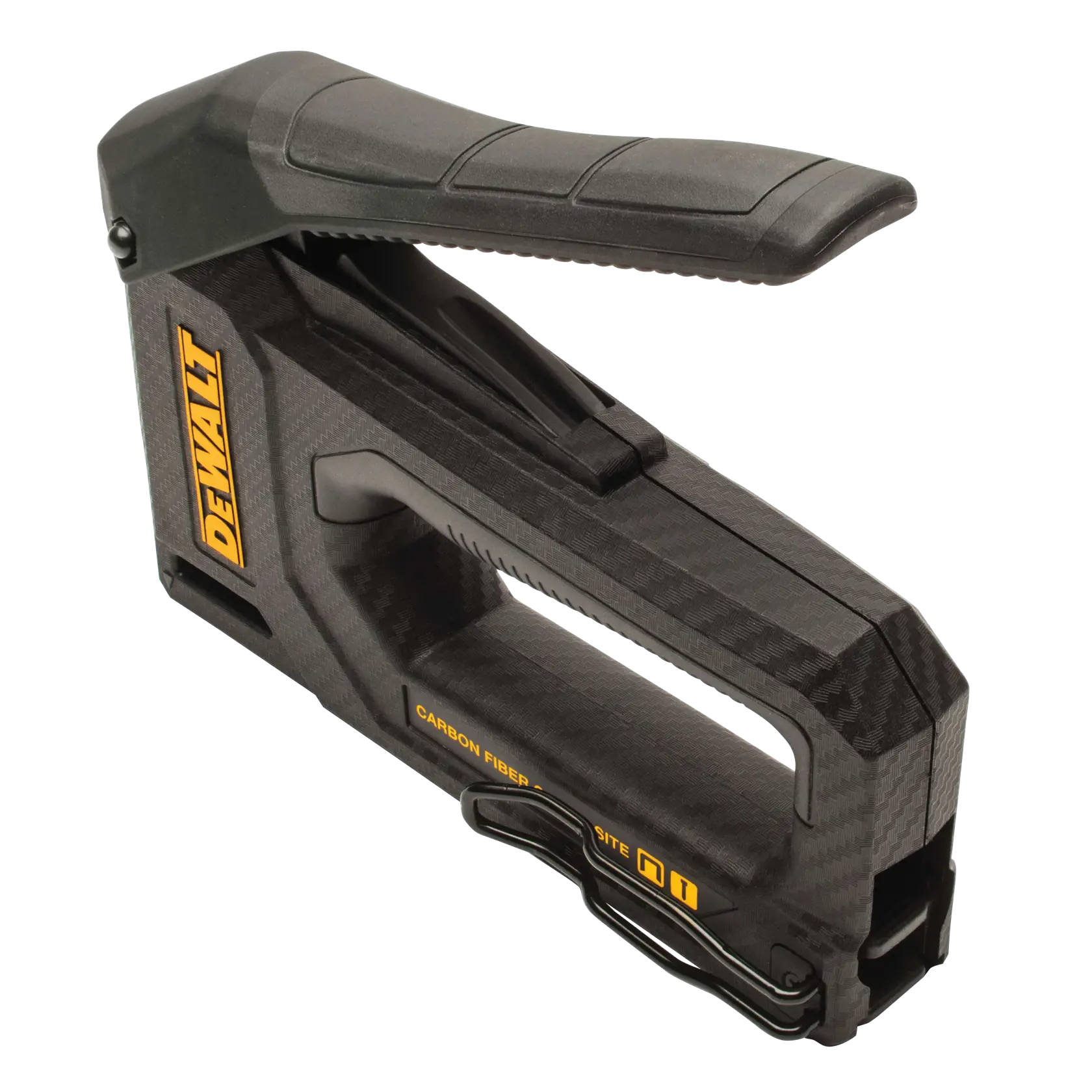 A DEWALT carbon fiber staple gun with a black and yellow design, featuring an ergonomic handle and visible branding on the side.