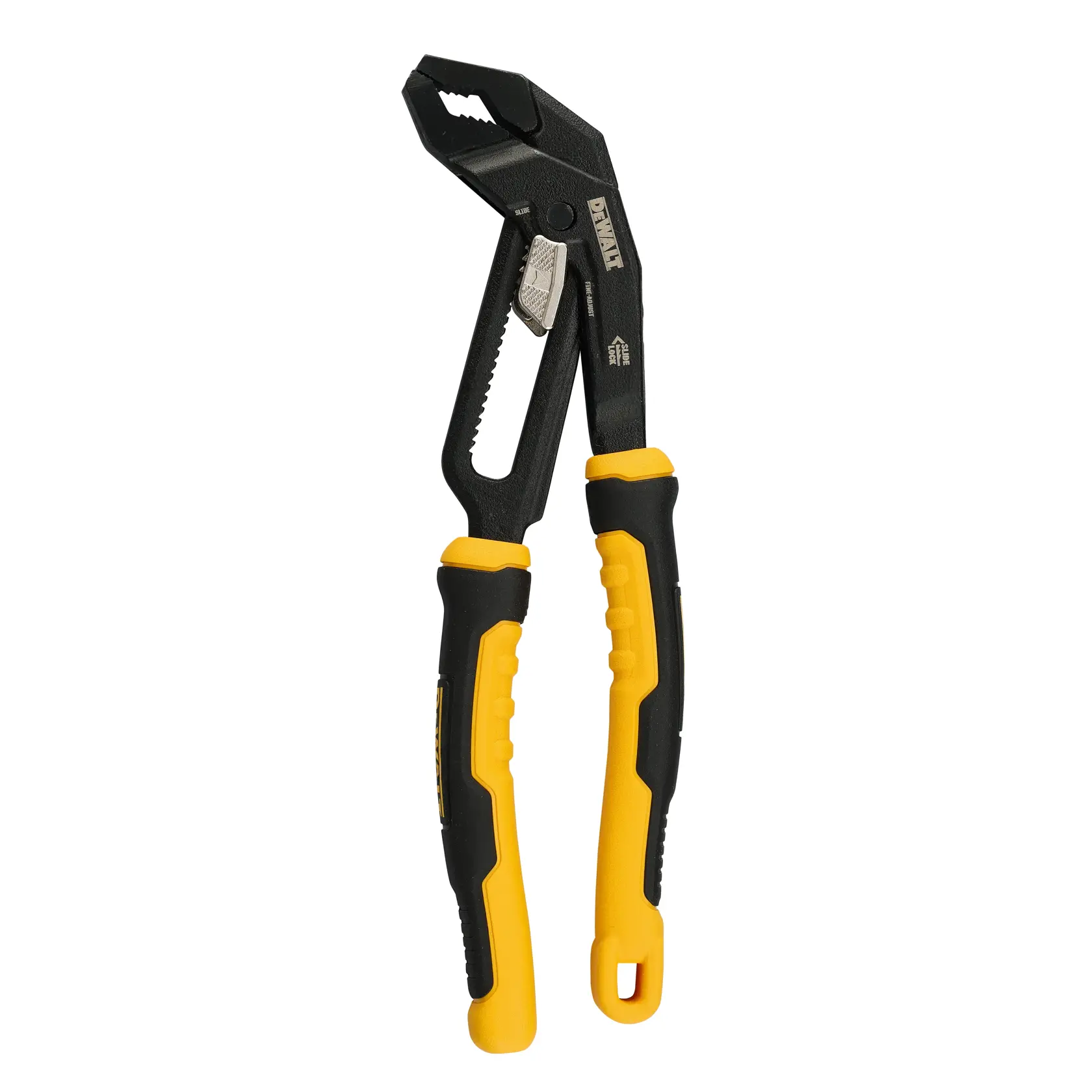 A DEWALT adjustable channel lock pliers with black and yellow cushioned handles, shown against a white background.