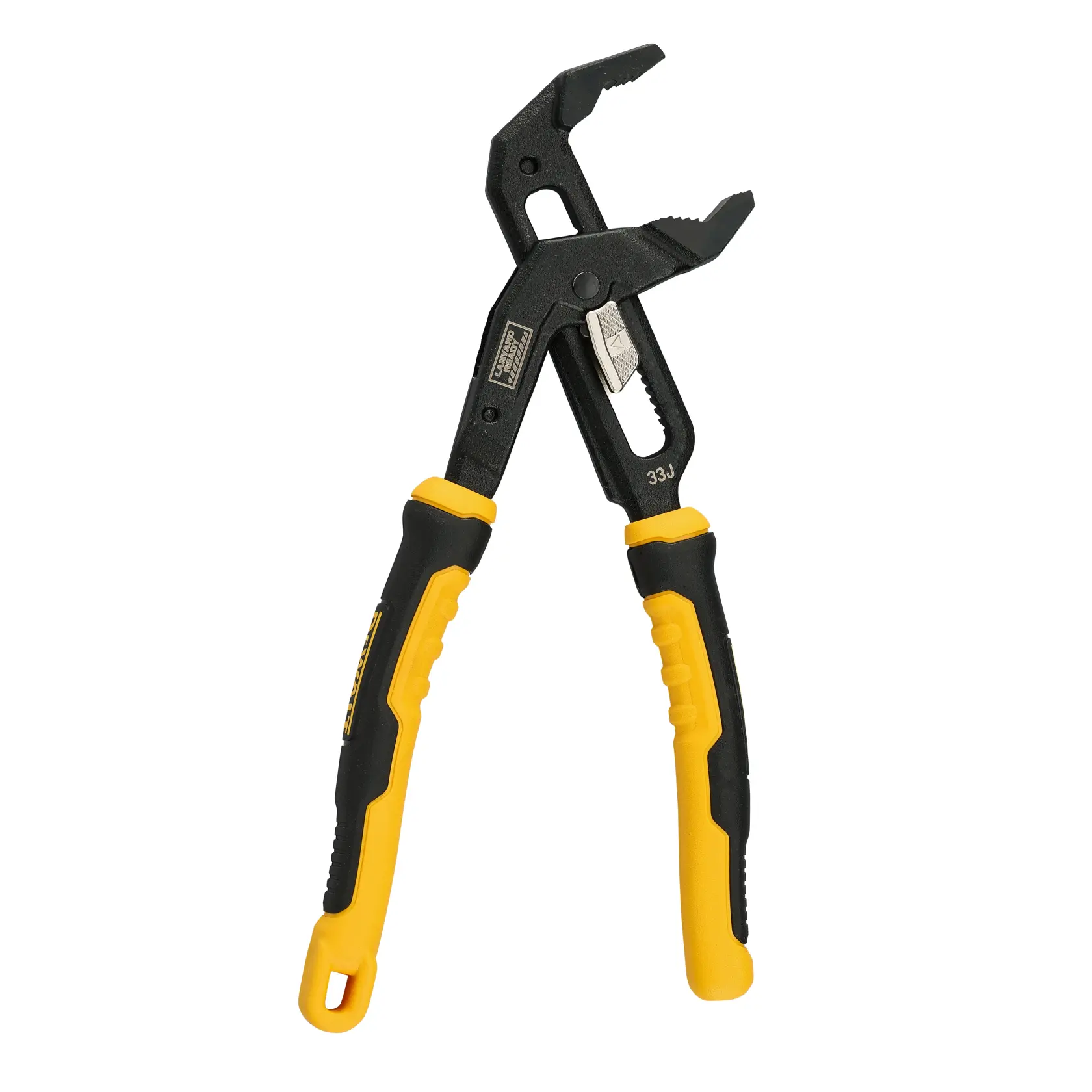 Adjustable black and yellow grooved joint pliers with rubberized handles, designed for gripping and turning objects.