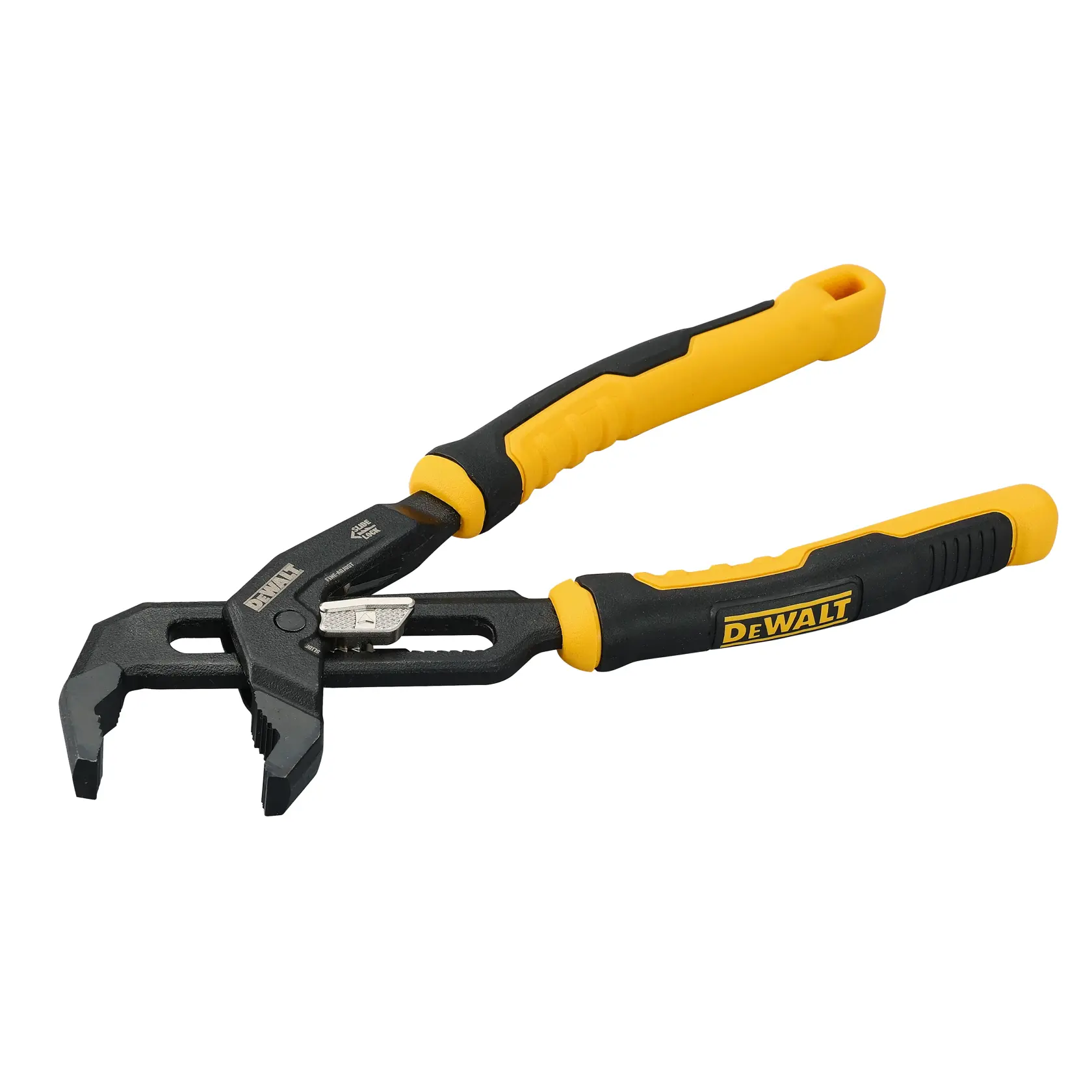 A pair of DEWALT groove joint pliers with black and yellow cushioned handles and an adjustable jaw, shown on a white background.