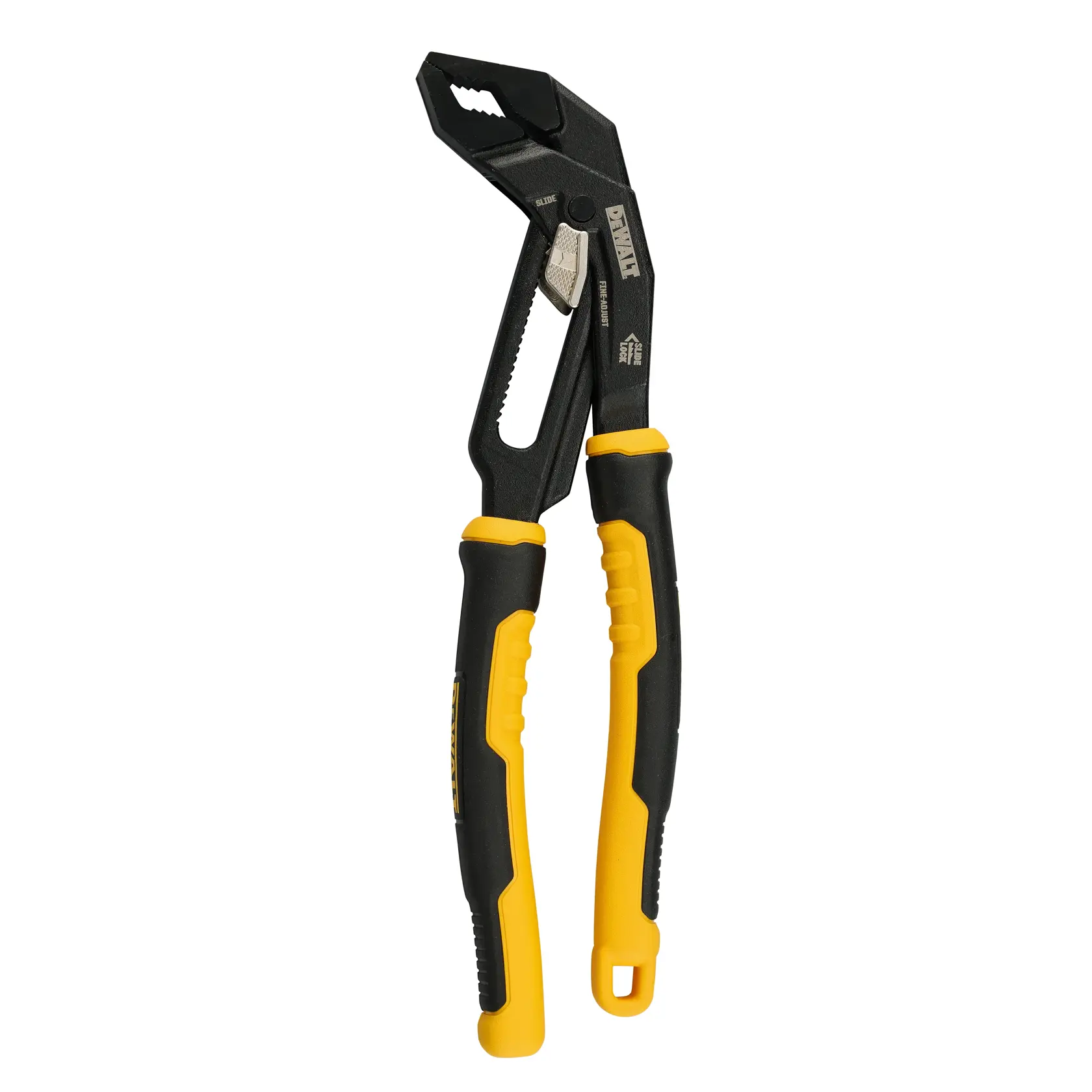 A DEWALT adjustable groove joint plier with black and yellow handles, designed for gripping and turning objects.