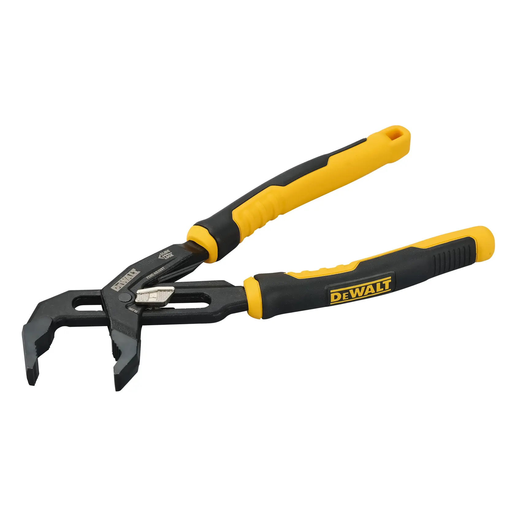 A pair of DEWALT adjustable groove joint pliers with black and yellow handles. The pliers have a slip joint for variable jaw width and a sturdy design suitable for gripping and turning objects.