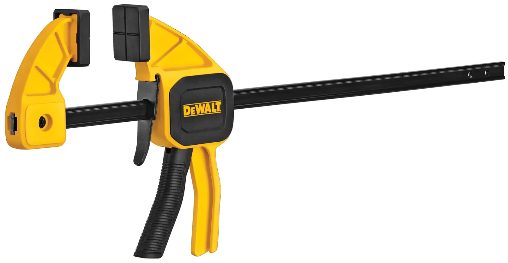 A DEWALT yellow and black trigger clamp tool with a long metal bar and large plastic jaws, designed for securing materials during woodworking or other construction tasks.