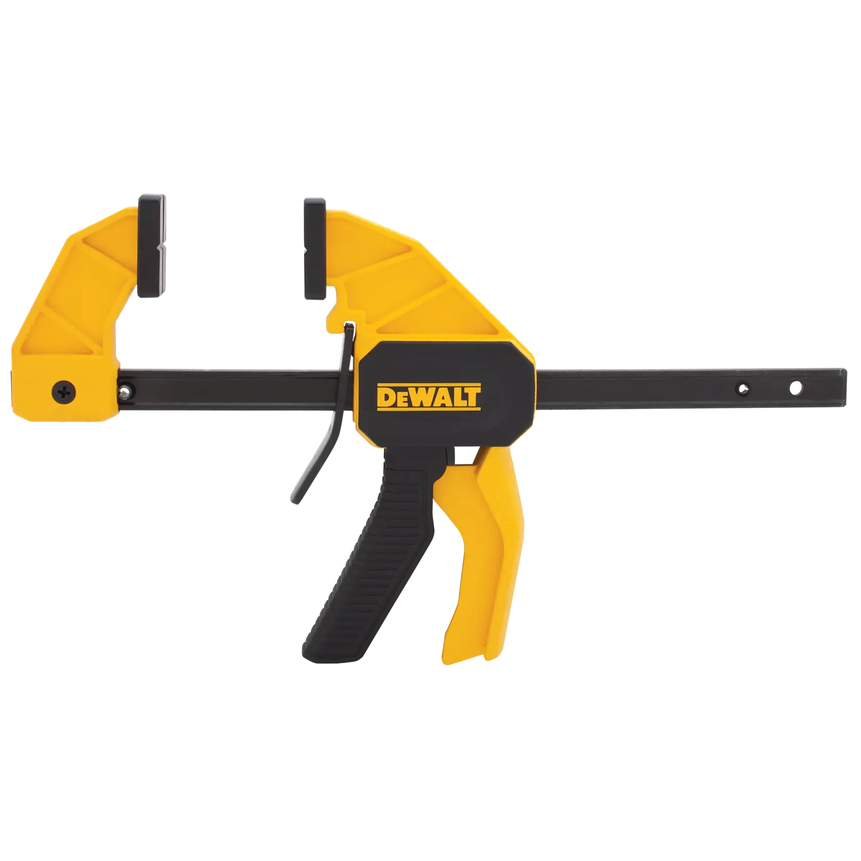DEWALT quick-release bar clamp, model DWHT83139, in black and yellow. The clamp has a pistol-grip handle for one-handed operation and is designed for photography and woodworking tasks.