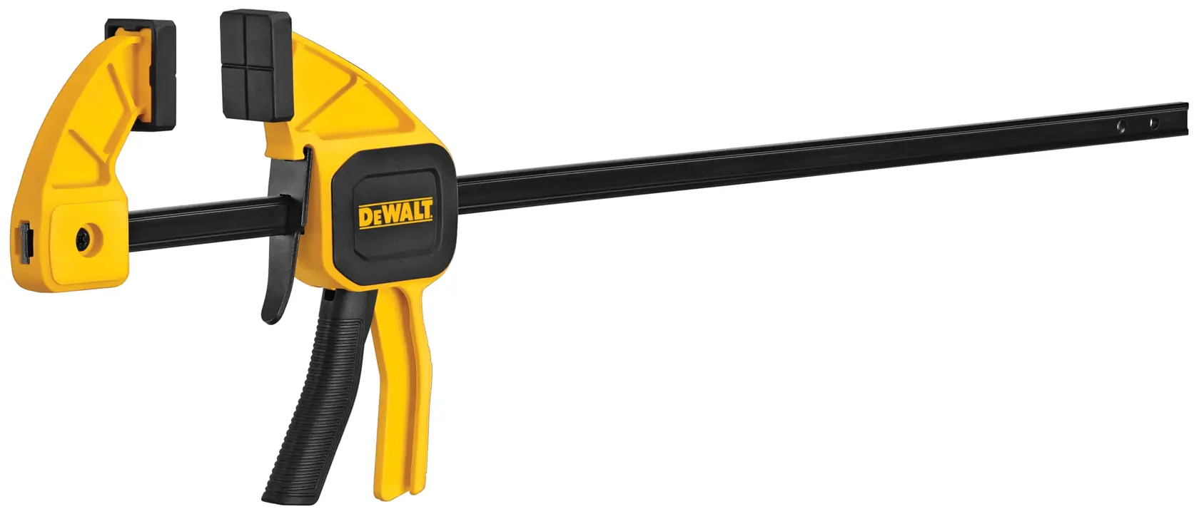 A DEWALT bar clamp with a yellow and black handle, used for securing objects tightly together in woodworking or construction projects.