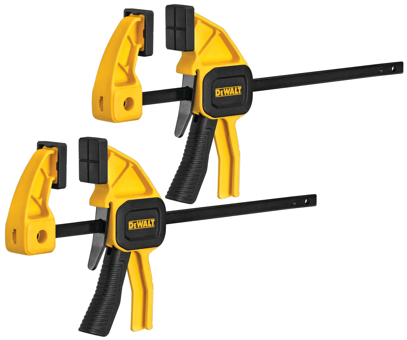 Two yellow and black DEWALT trigger clamps with padded jaws, designed for holding materials securely in woodworking or construction projects.