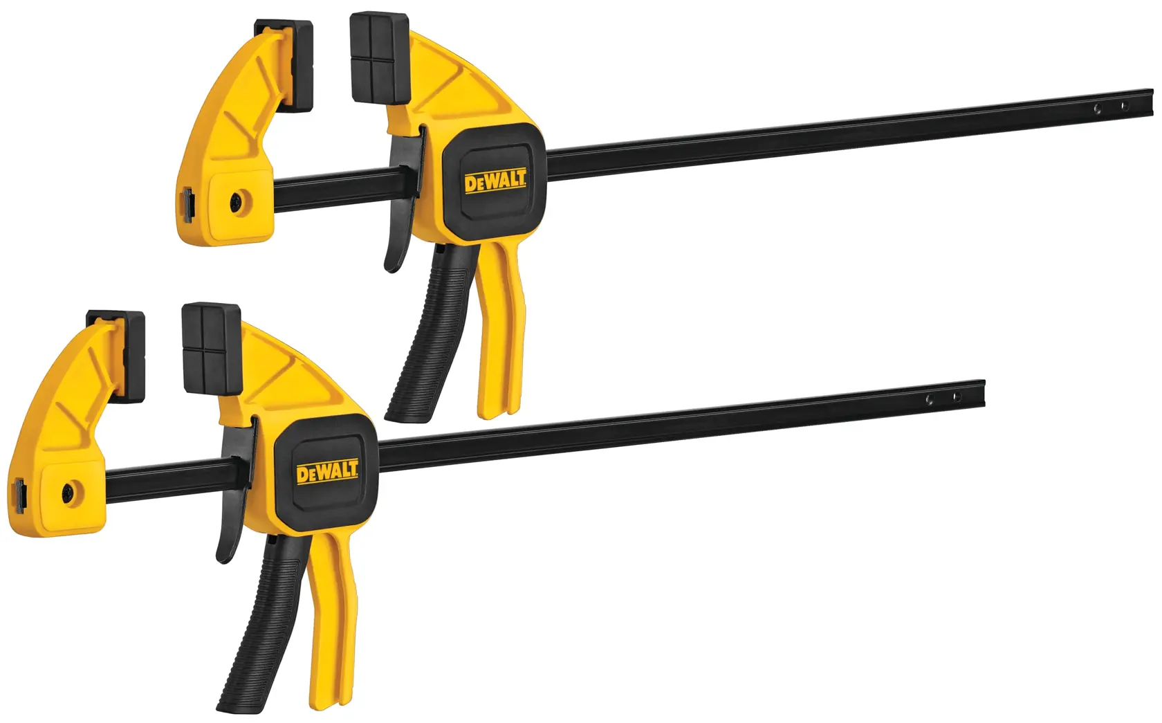 Two DEWALT bar clamps with yellow and black handles, featuring quick-release trigger mechanisms, used for securing materials during woodworking or construction projects.