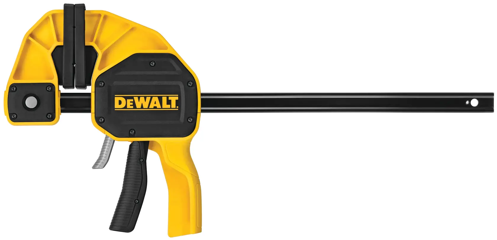 A DEWALT trigger clamp with a yellow and black handle and bar, designed for holding materials tightly during woodworking or construction.