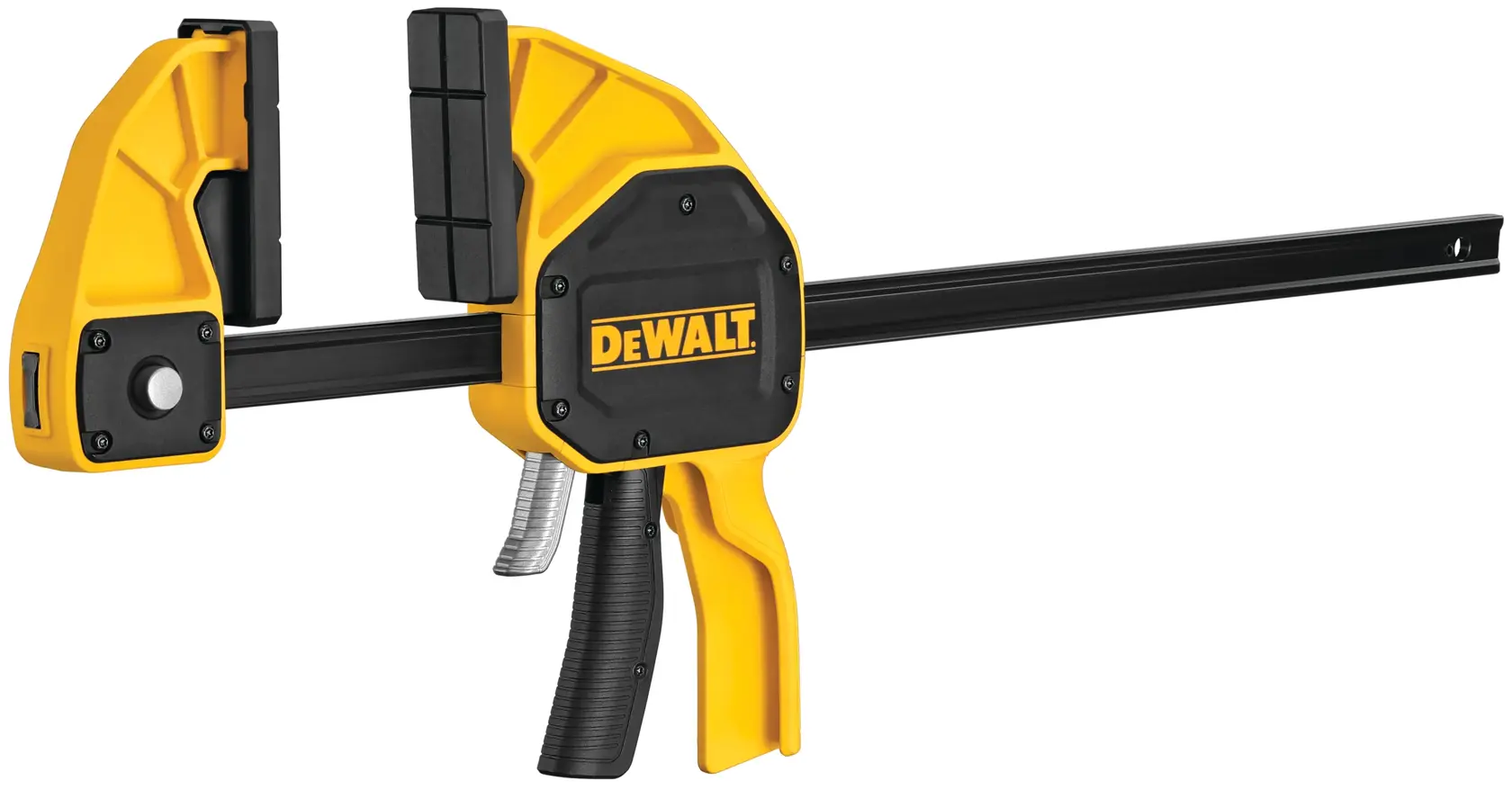 A yellow and black DEWALT bar clamp with trigger handle, used for firmly holding objects in woodworking or construction.