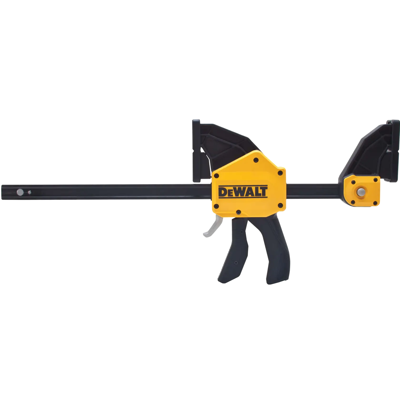A DEWALT trigger clamp, featuring a black and yellow handle and body, used for woodworking and construction to securely hold materials in place.