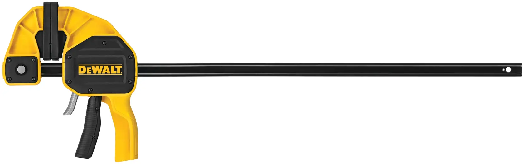 A DEWALT bar clamp with a yellow and black body, featuring a trigger handle and a long metal bar.