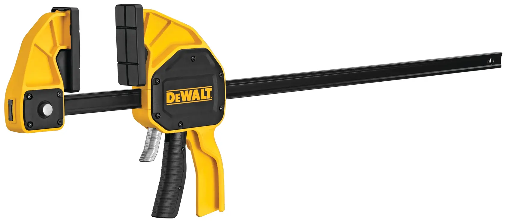 A DEWALT bar clamp with a yellow and black body, used for holding objects firmly in place during woodworking or other tasks.