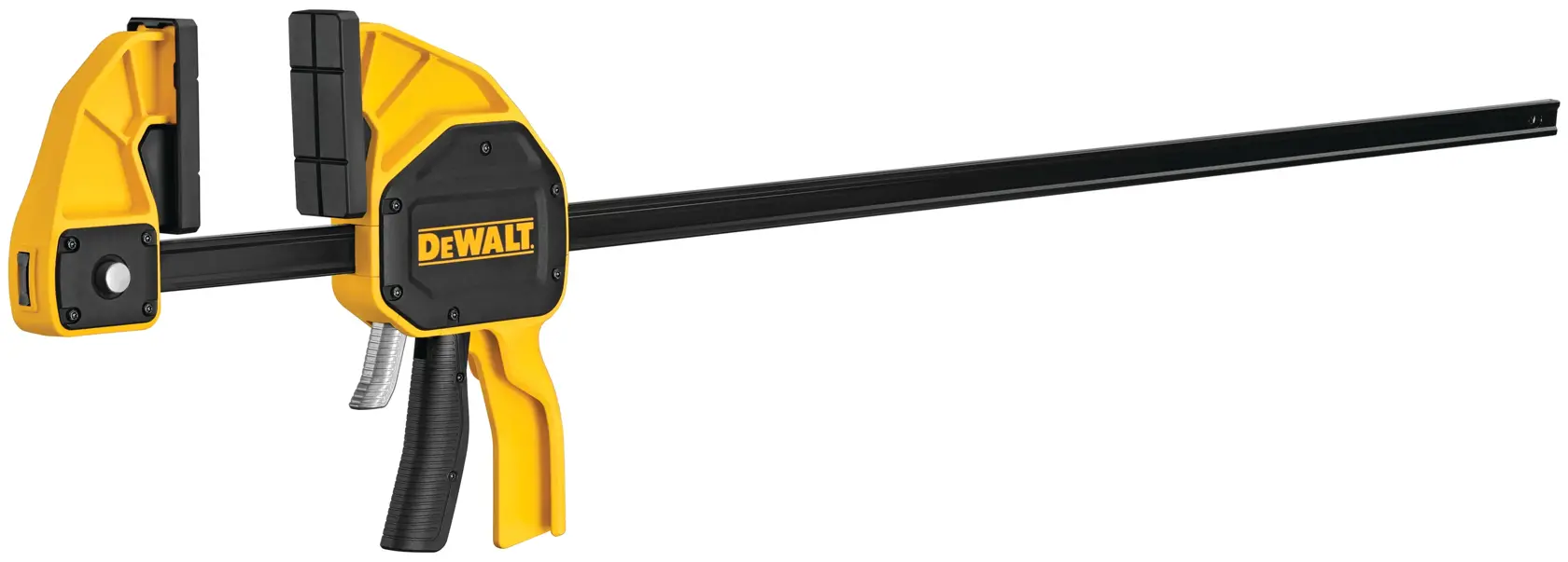 A DEWALT brand yellow and black trigger clamp tool, used for holding materials securely in place during woodworking or other projects.