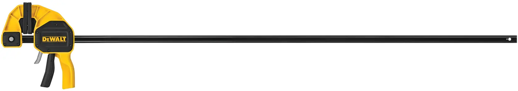 A DEWALT bar clamp with a yellow and black handle and a long black metal bar, used for securing materials during woodworking or construction.