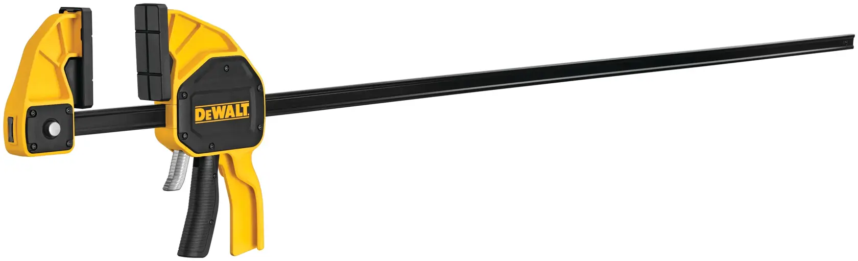 A DEWALT bar clamp with yellow and black handles and a long black metal bar, designed for holding materials securely in place during woodworking or other projects.