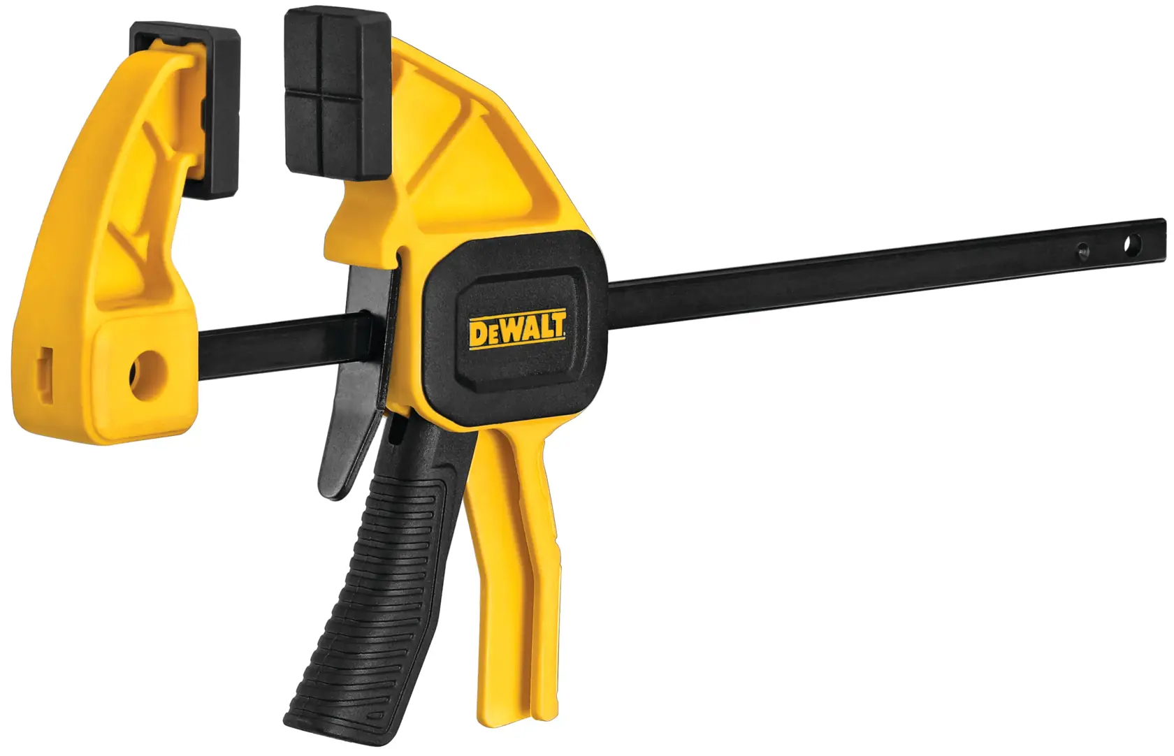 A DEWALT yellow and black trigger clamp, designed for woodworking and photography tasks, featuring a sturdy handle and adjustable jaw.