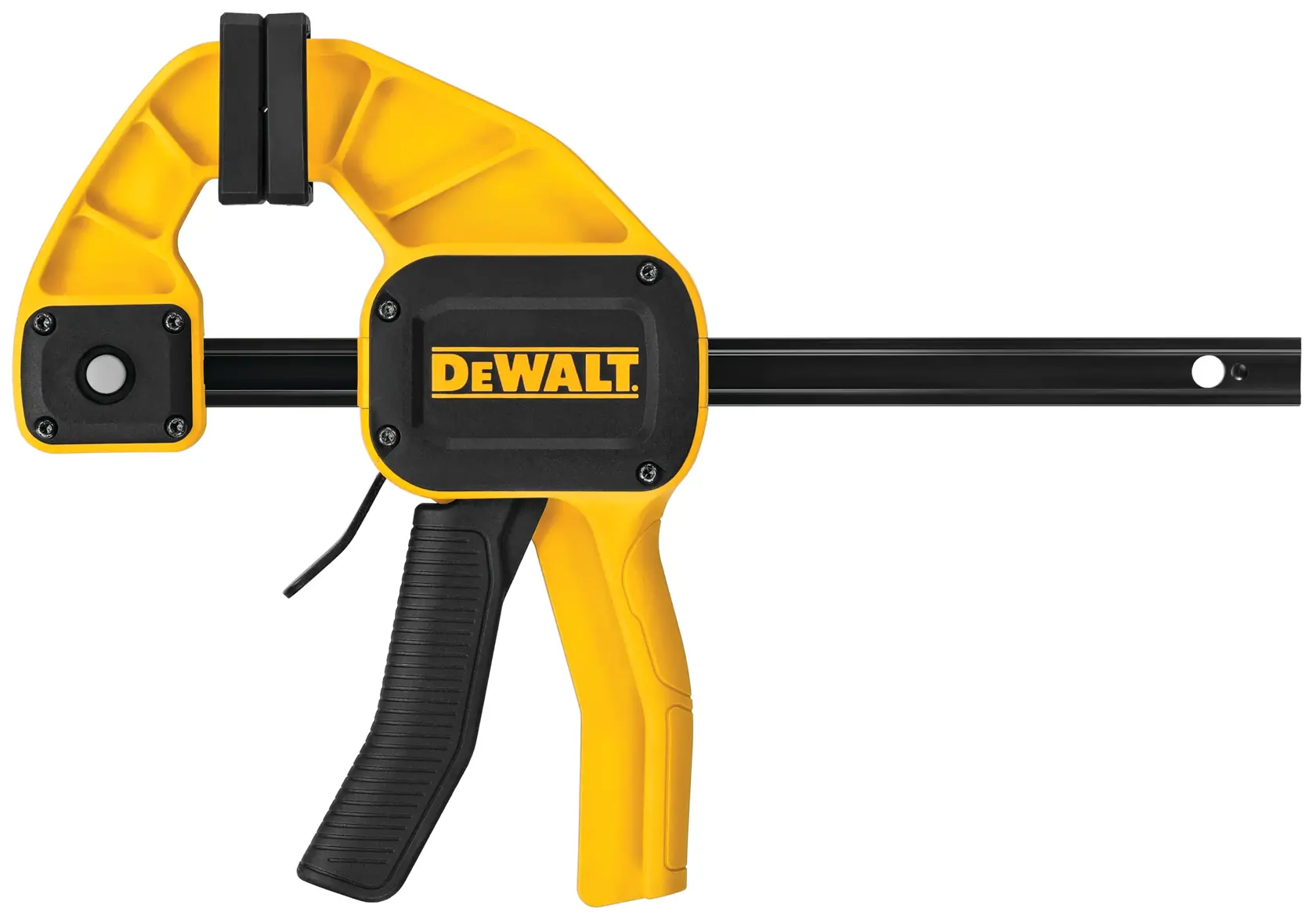 A DEWALT yellow and black trigger clamp for woodworking and other clamping tasks, showing a sturdy grip and adjustable arm.