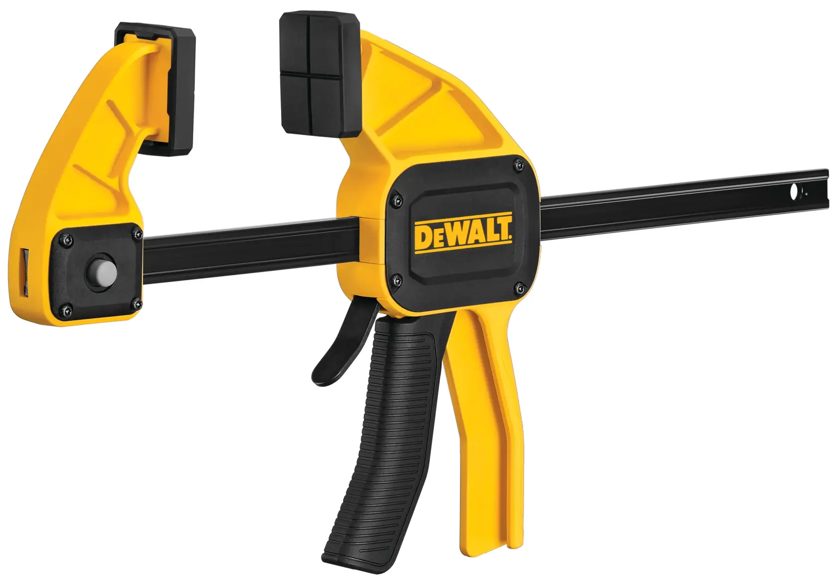 A DEWALT quick grip clamp with a yellow and black handle, used for securing materials during woodworking or other tasks.