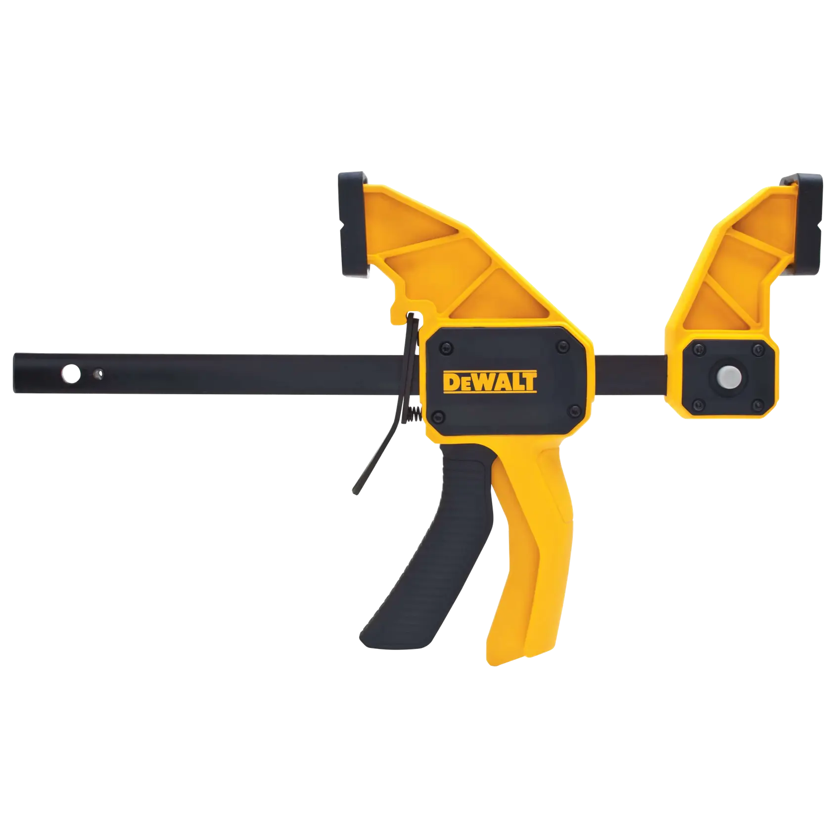 A DEWALT brand trigger clamp tool, featuring a yellow and black design with a pistol grip handle and an adjustable sliding bar.
