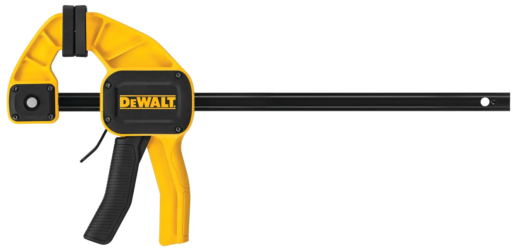 A yellow and black DEWALT trigger clamp with a pistol-grip handle and adjustable jaws, designed for holding materials securely in place during woodworking or other projects.