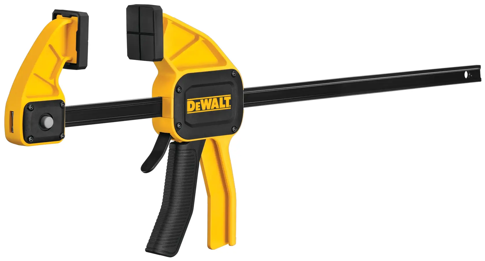A DEWALT brand trigger clamp with a yellow and black design, used for securing materials during woodworking or construction projects.