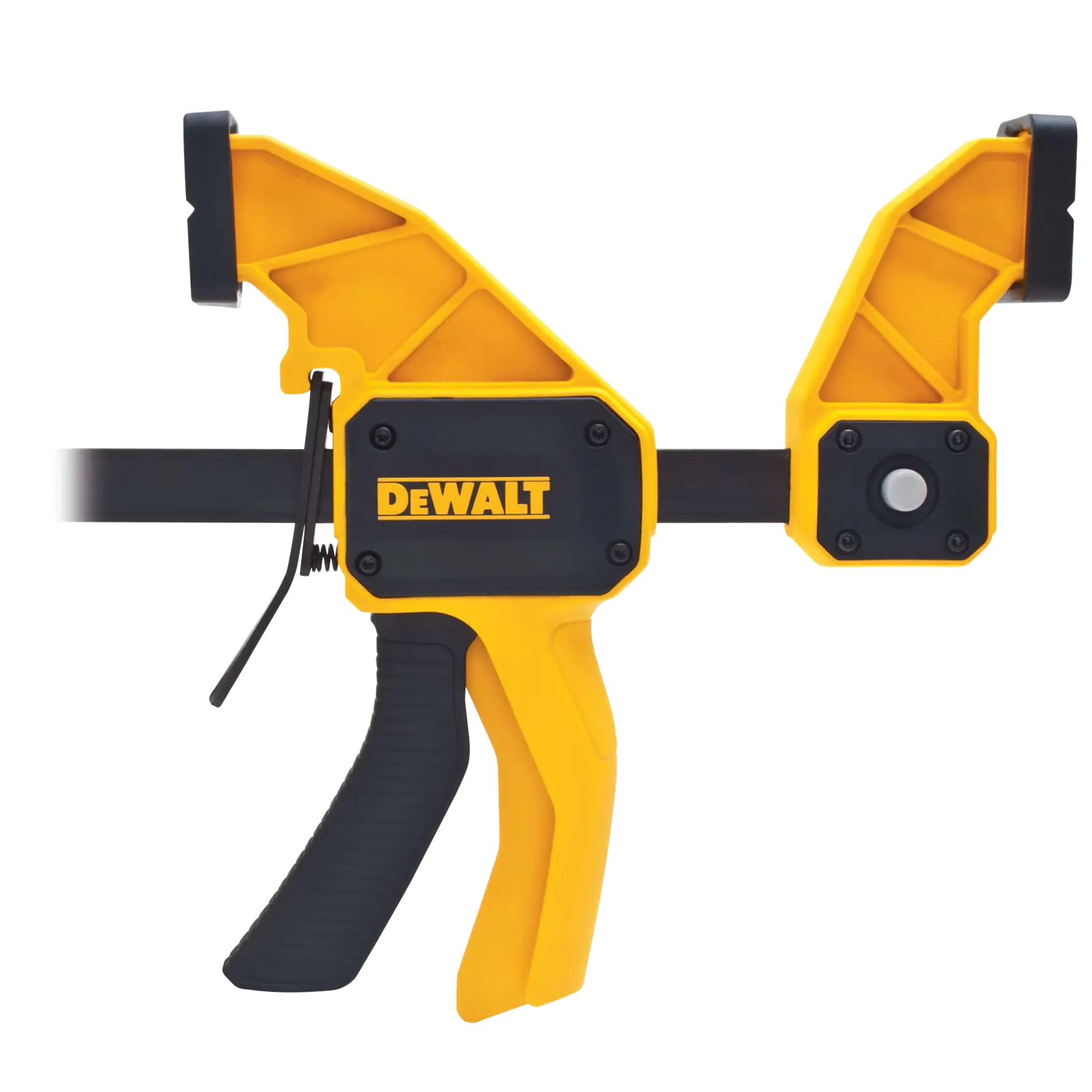 A close-up image of a DEWALT trigger clamp, featuring a yellow and black handle and adjustable jaws used for woodworking and other tasks.