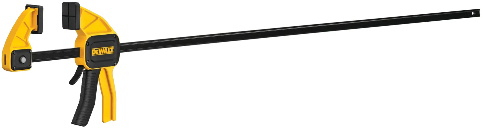 A DEWALT bar clamp with a yellow and black plastic handle and adjustable jaws, designed for securing materials in woodworking or construction projects.