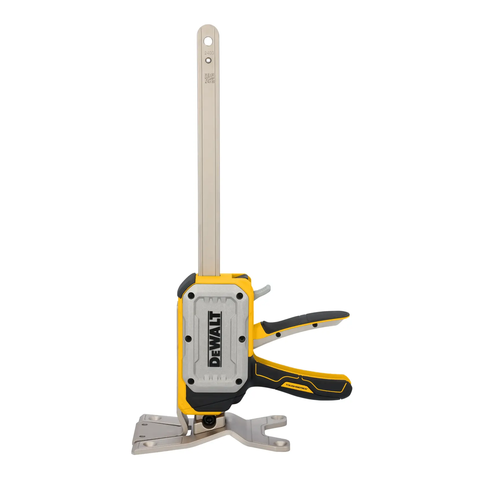 A DEWALT photography accessory shown upright, featuring a metal frame with yellow and black handle and a silver base, designed for professional camera setup or support.