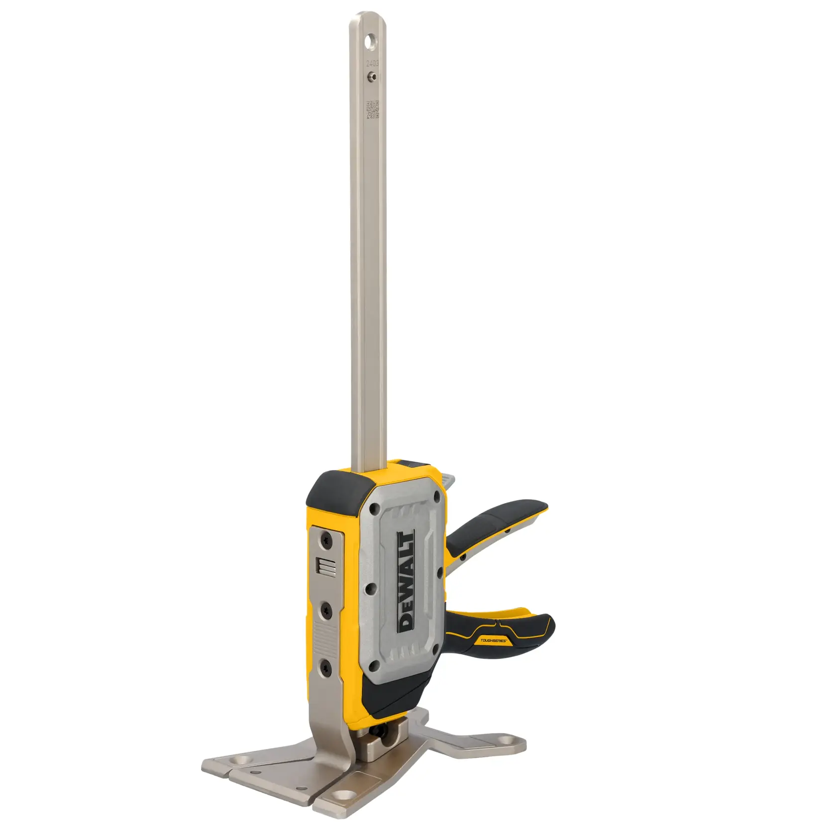 A DEWALT photography accessory with a metal base and vertical rod, featuring ergonomic handles and the DEWALT logo on the side. The product is primarily yellow and silver with black details.