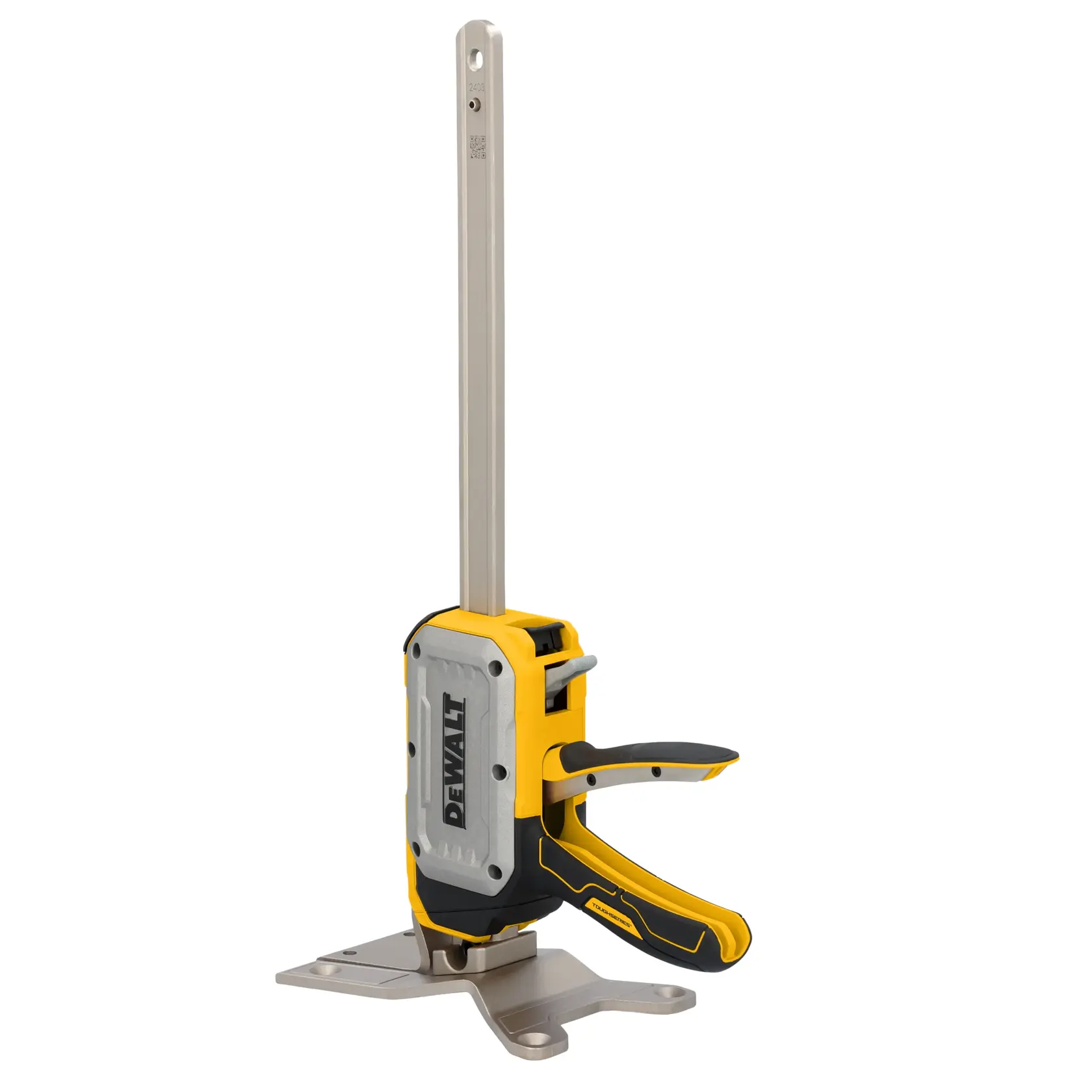 A DEWALT photography clamp tool with a long metal bar, yellow and black handle, and a sturdy base. The tool is used for securing objects during tasks such as photography or construction.